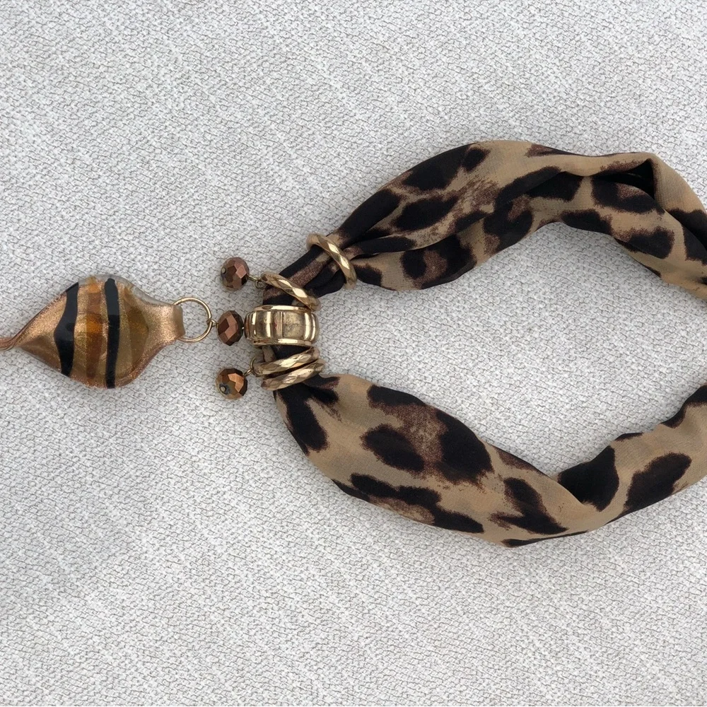 Chico's Leopard Print Scarf Necklace with Gold and Brown Accents
